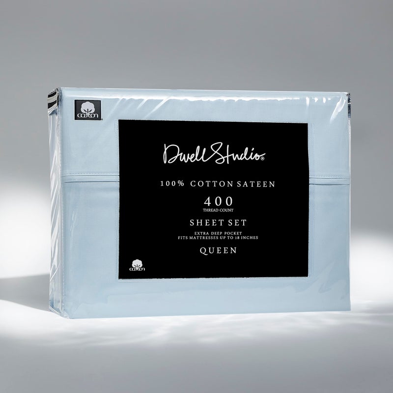 DwellStudio Dwell Studios Luxe Comfort: 400TC Cotton Sateen Weave Queen Sheet 4 Pc Set - Extra Deep Pocket - Fits 18" Mattresses - Blue, Queen - Image 2